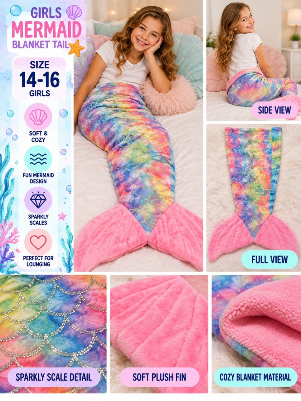 Chic girls 14-16 pink mermaid blanket tail #01